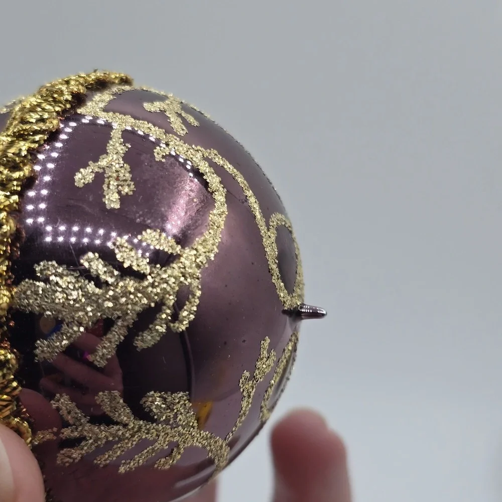 2 Vtg Glass Ball Christmas Ornaments Purple Gold Hand Blown‎ Unique